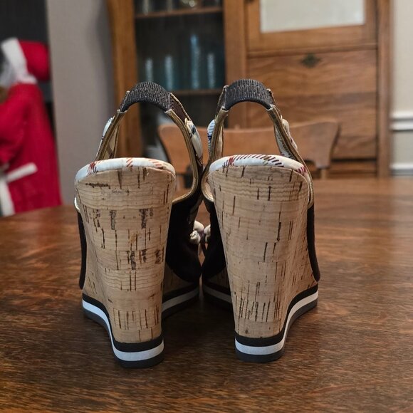 Coach Peep Toe Brown & Plaid Wedges - Picture 3 of 5